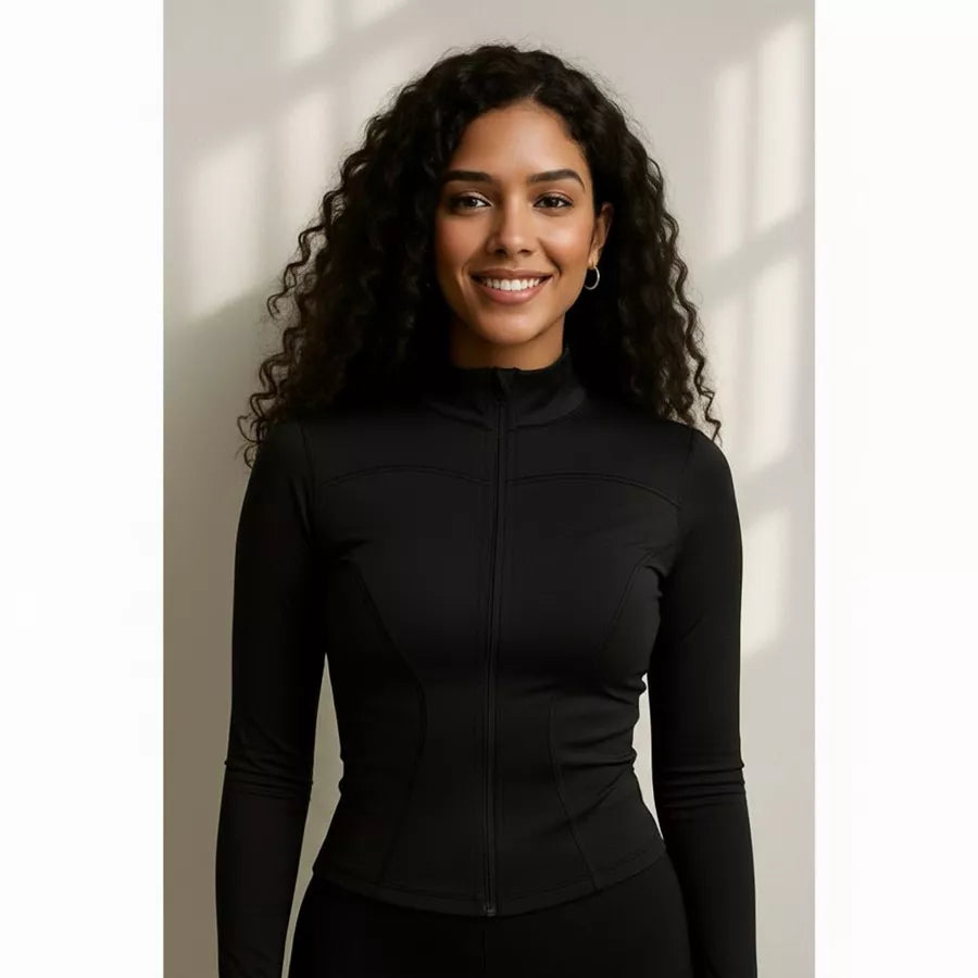Jaqueta Fitness Modeladora em Suplex Premium – Gola Alta, Zíper Frontal e Thumb Hole
